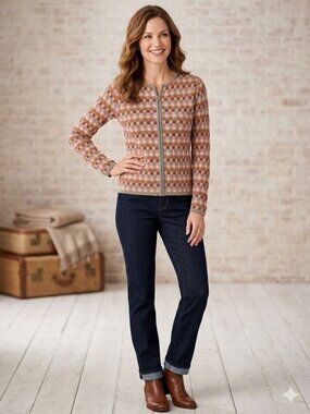 Vintage Talbot's Pink & Brown Checkered Knit Cardigan With Front Zipper & Long S